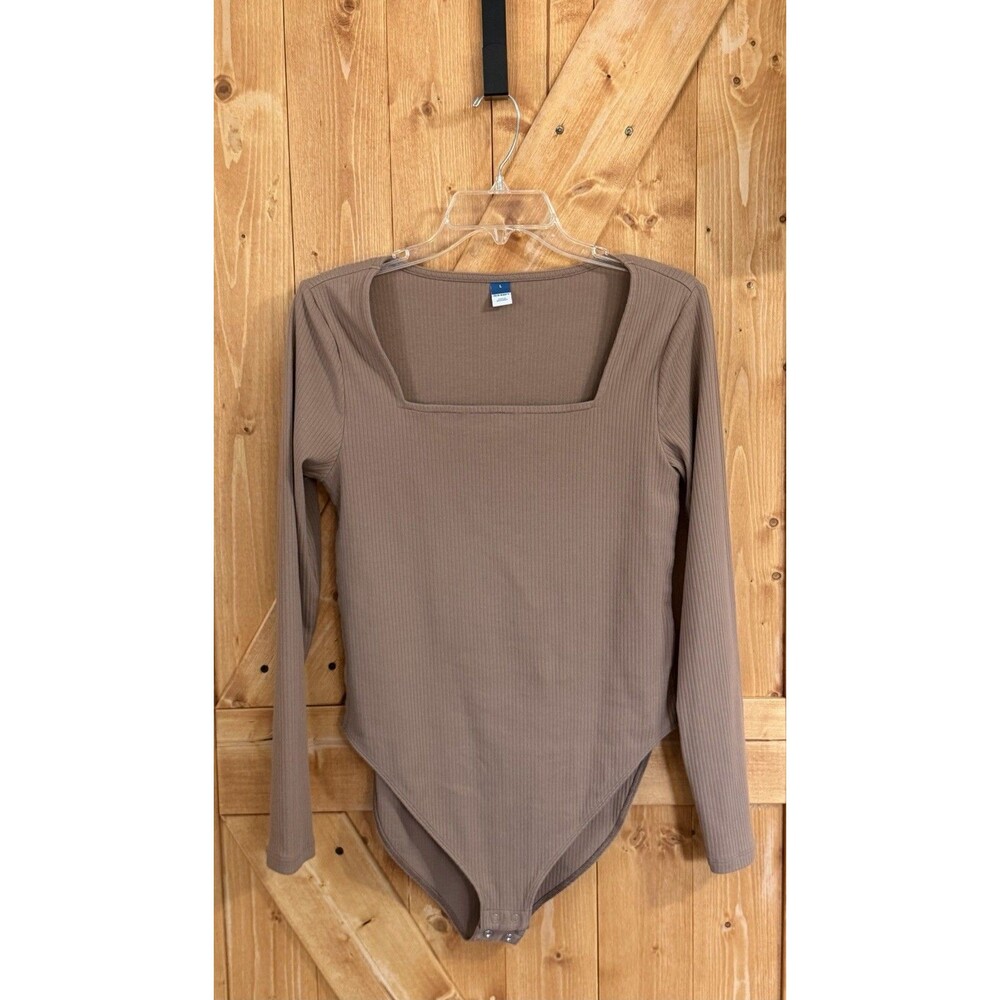 Old Navy Ribbed Bodysuit Womens Large Brown Square Neck Long Sleeve Stretch